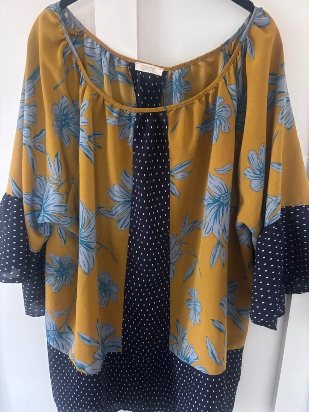 Boutique Mixed-Print Floral Tunic 🌼 Mustard & Navy | ODDY 1XL NWOT Boho Chic - Picture 2 of 5